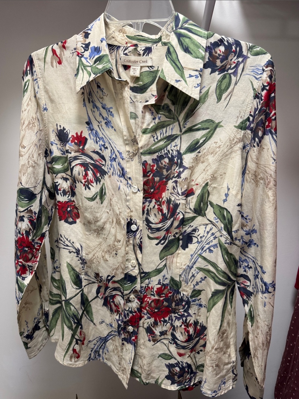 Coldwater Creek Silk Cream Floral Button-Down Shirt